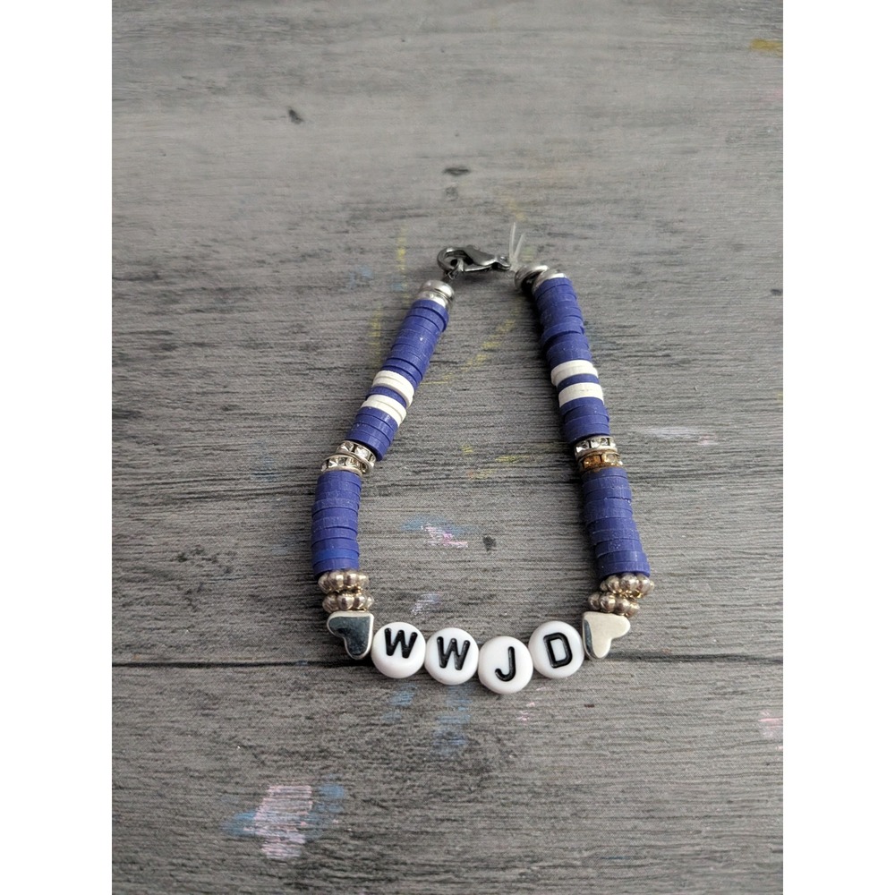 WWJD Heishi Bead Bracelet Blue White Religious Jewelry Heart Charm Lobster Clasp
